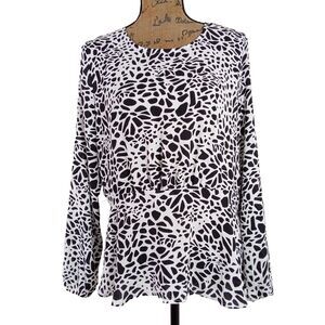 LOFT‎ Blouse Size 6 White Black Animal Print Peplum Long Bishop Sleeve Flowy Top